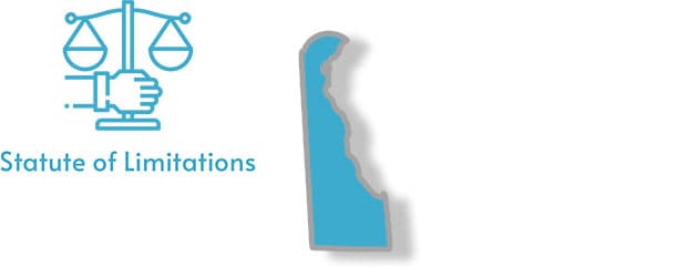 A stylized image of the state of Delaware with the words statute of limitations overlaid