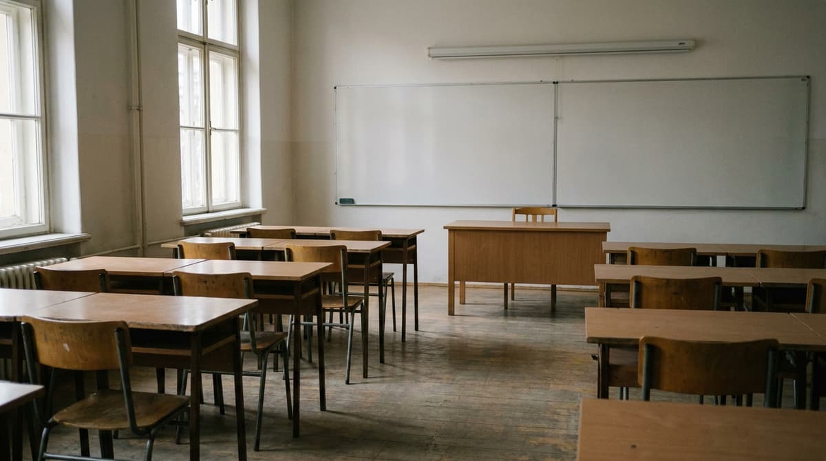 Aula vacía con escritorio del docente, pizarra en blanco y filas de pupitres vacíos