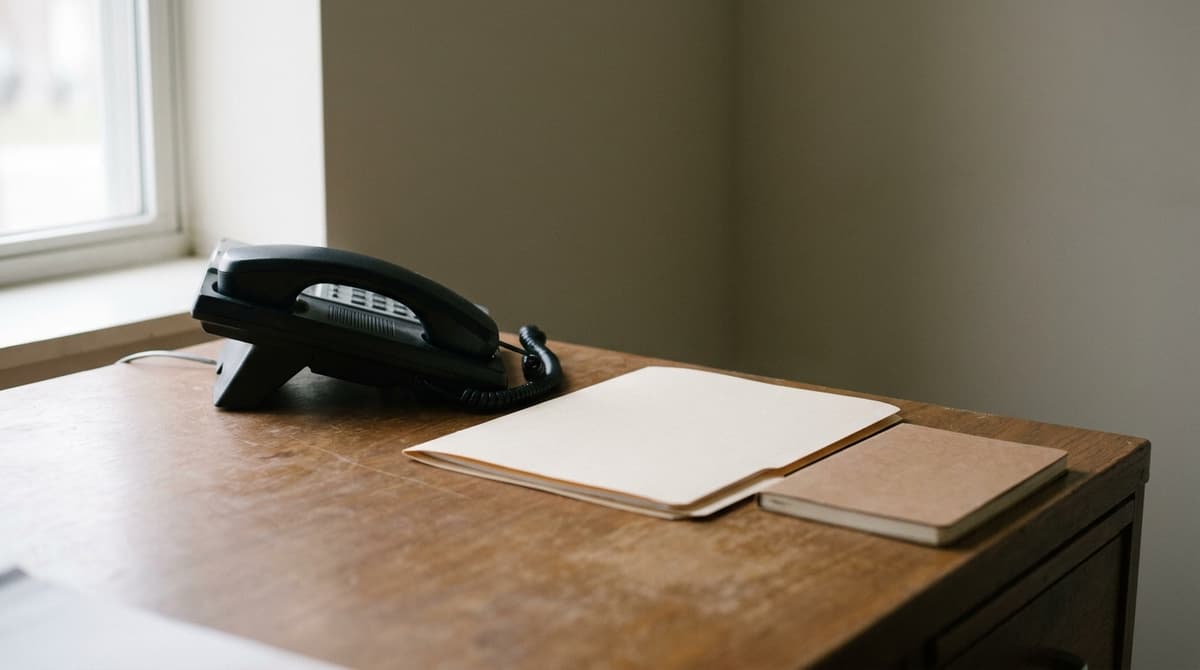 Teléfono de escritorio negro junto a una carpeta cerrada y un cuaderno cerrado sobre un escritorio de madera
