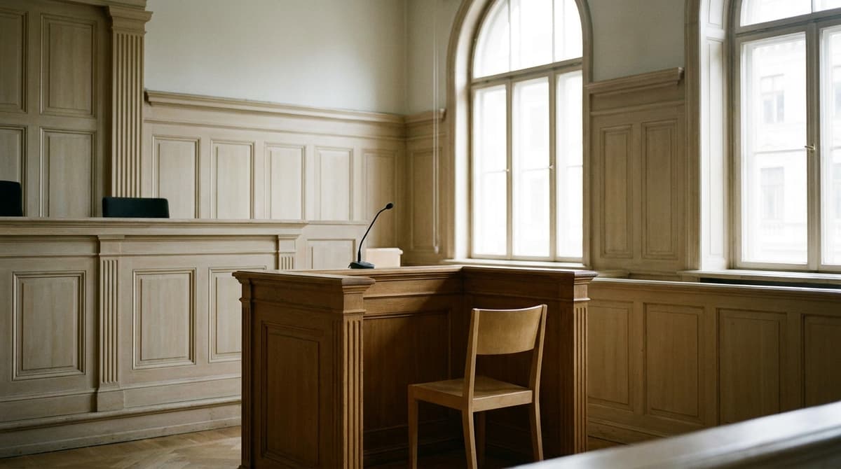 Estrado de testigos vacío con micrófono y una silla de madera en una sala con paneles de madera