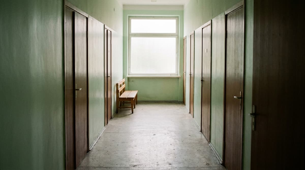 Pasillo institucional tranquilo con puertas de madera cerradas y una banca junto a una ventana