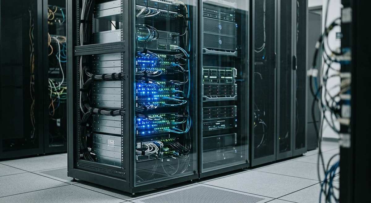 server rack with blinking blue and green leds behind a glass panel