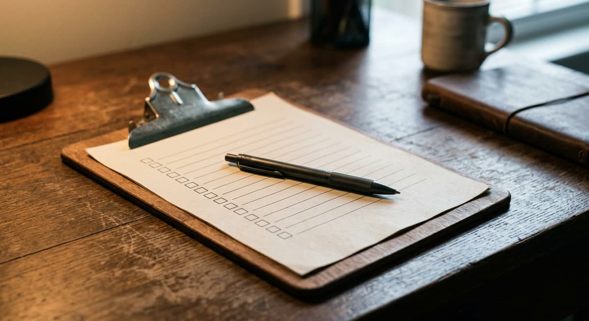 blank checklist on a wooden clipboard with a pen