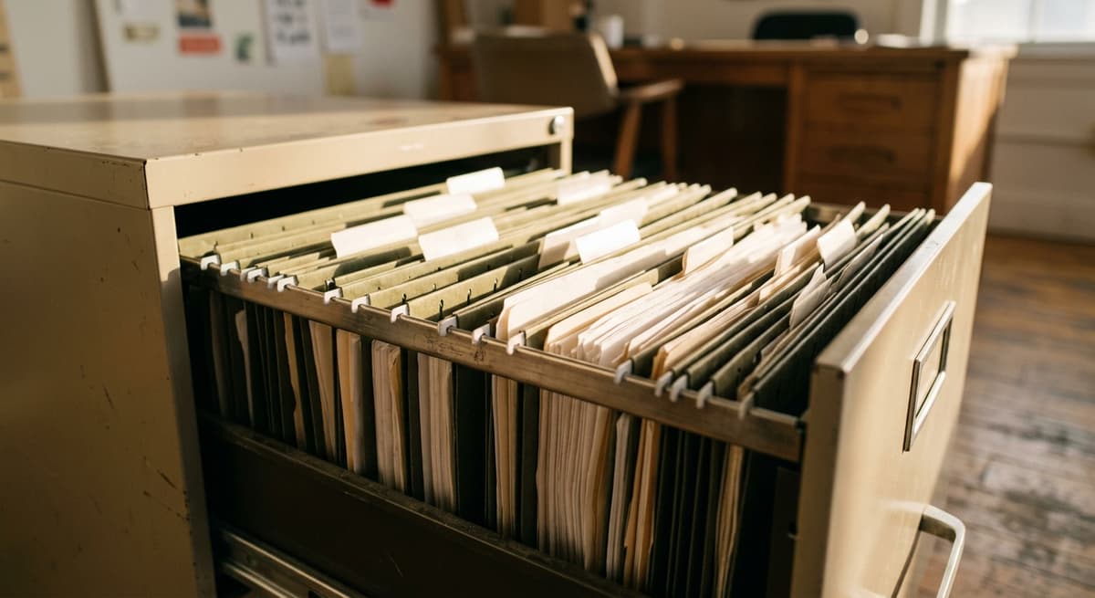 filing cabinet drawer pulled open showing rows of hanging folders