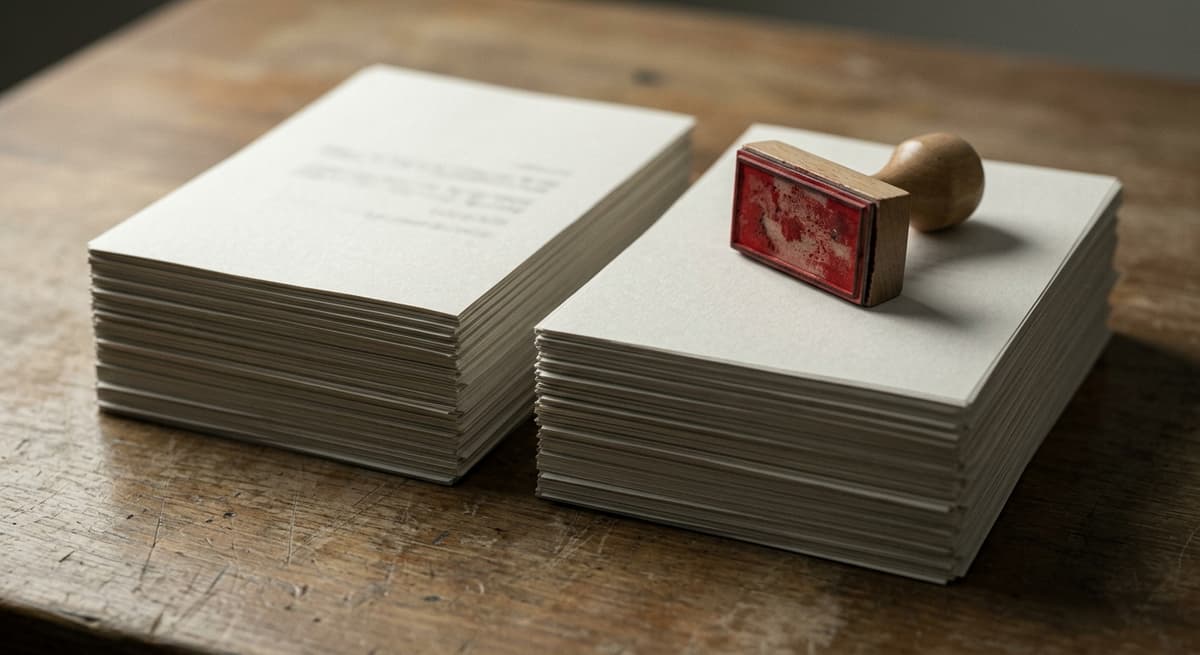 two identical stacks of printed pages with a red rubber stamp on one