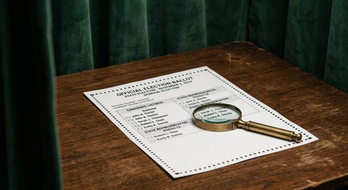 Election ballot with magnifying glass, representing AI deepfake laws targeting political content