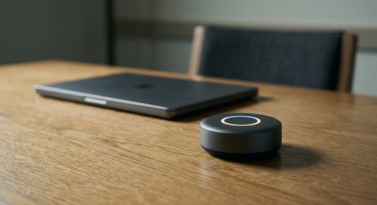 A small AI note-taker device with a glowing circular light ring sitting on a conference table