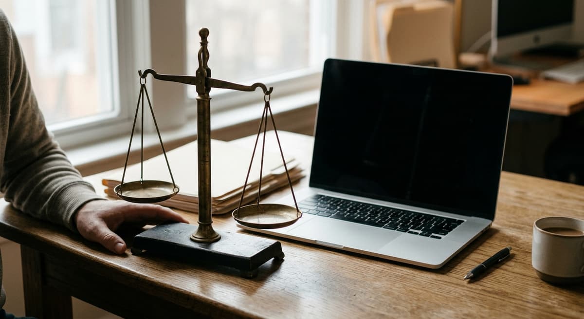 Par de balanzas de la justicia de laton sobre un escritorio junto a una laptop con una pantalla oscura y en blanco, calida luz de ventana