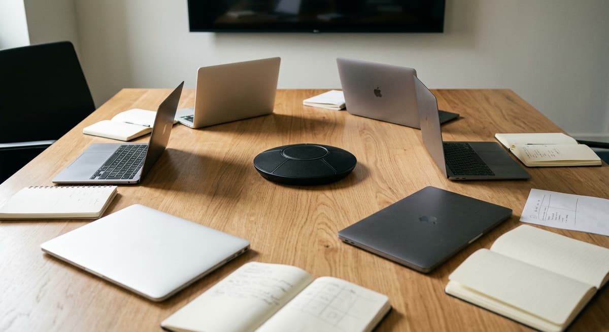 Vista aerea de una mesa de conferencias limpia con un conjunto de microfonos central, computadoras portatiles cerradas dispuestas alrededor