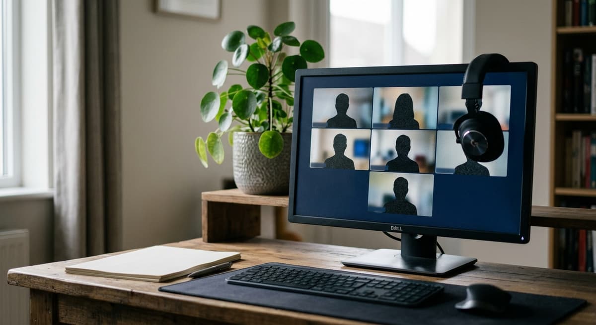 Escritorio de oficina en casa con un monitor que muestra una cuadricula abstracta de videollamada en silueta sin rostros ni texto
