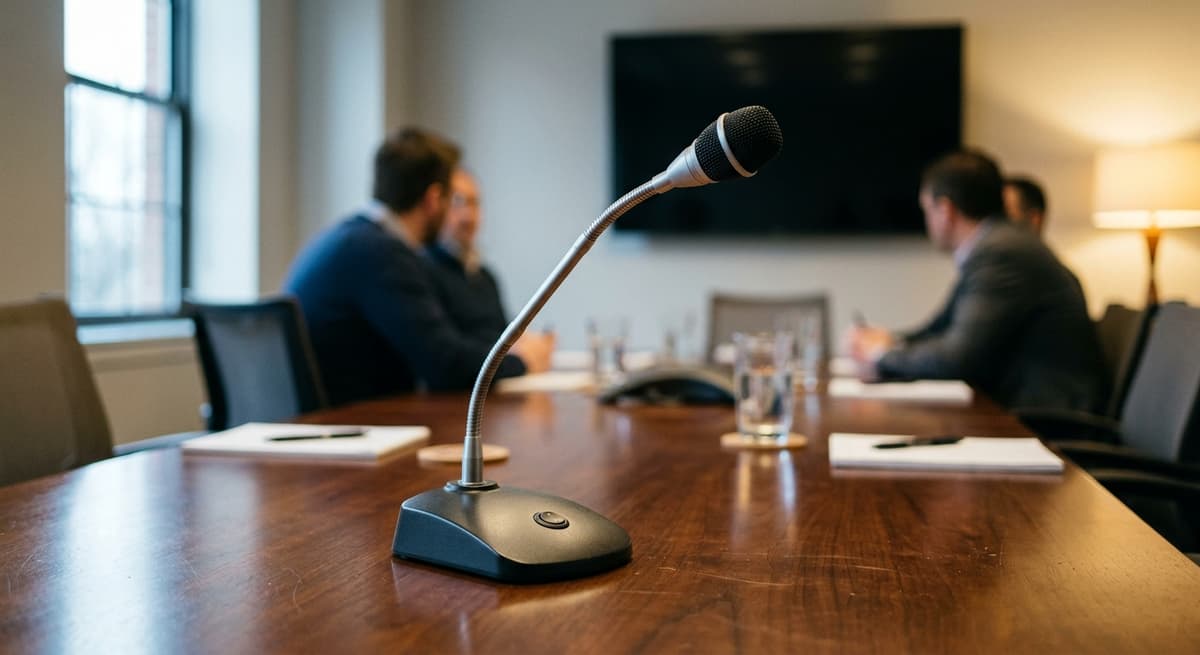 Un microfono de cuello de ganso de sala de conferencias en primer plano nitido sobre una mesa pulida, la sala de reuniones suavemente desenfocada detras