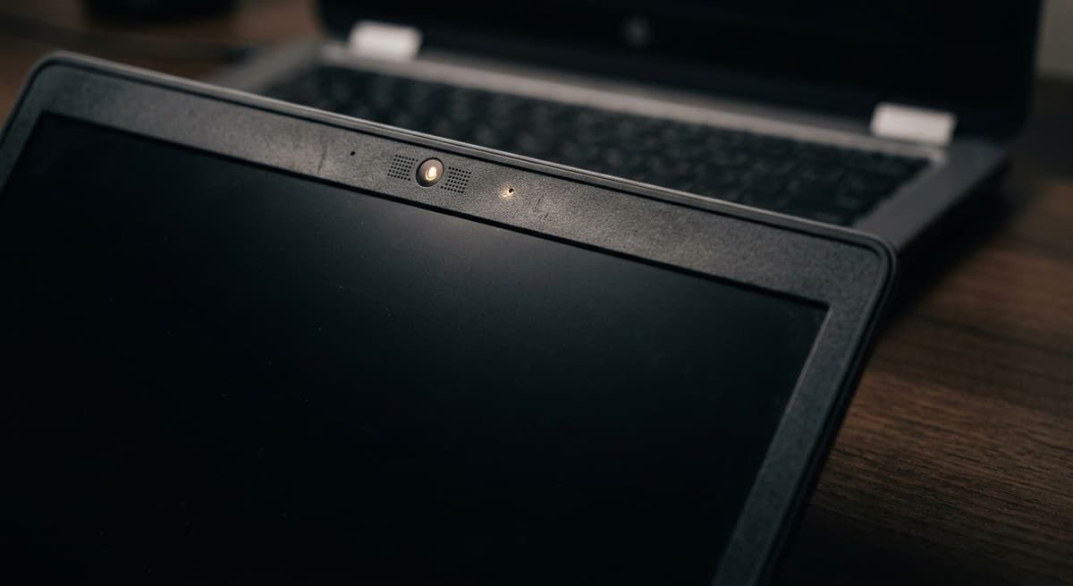 Primer plano de una laptop con una pequeña luz indicadora estilo micrófono que brilla en una pantalla oscura, sin texto