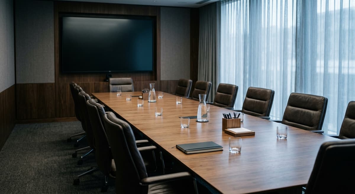 Empty corporate boardroom with leather chairs around a long table, a dark blank wall screen at the end
