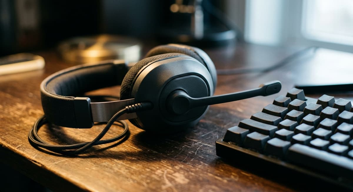 Primer plano de un auricular con un brazo de microfono descansando sobre un escritorio junto a un teclado, iluminacion suave
