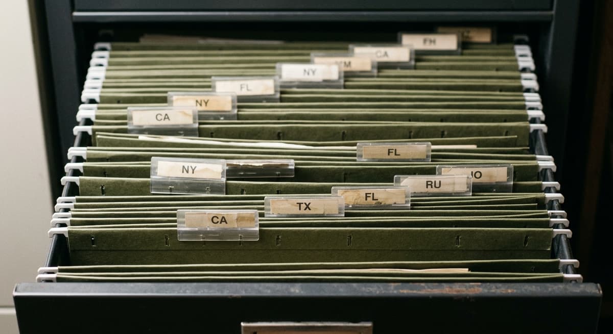 Filing cabinet drawer pulled open showing hanging folders with short two-letter state-abbreviation tabs