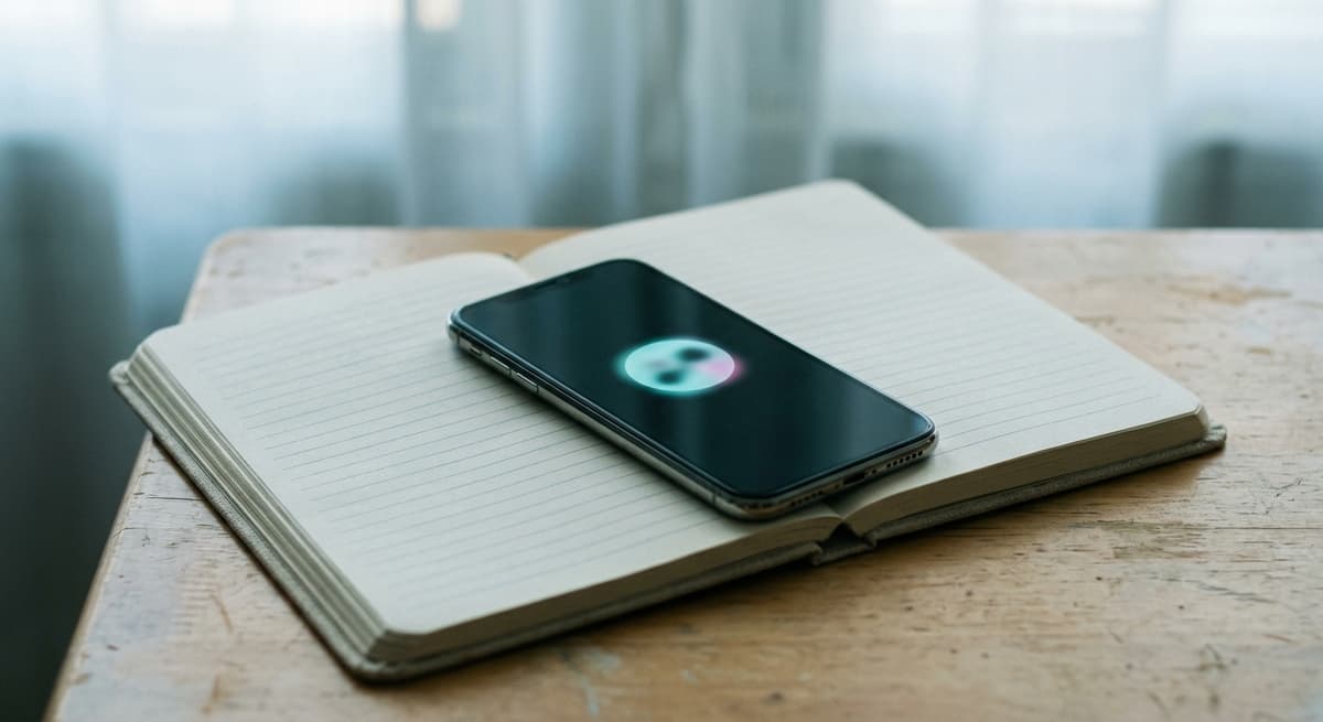 Un telefono inteligente apoyado sobre un cuaderno mostrando un solo interruptor abstracto brillante y sin texto
