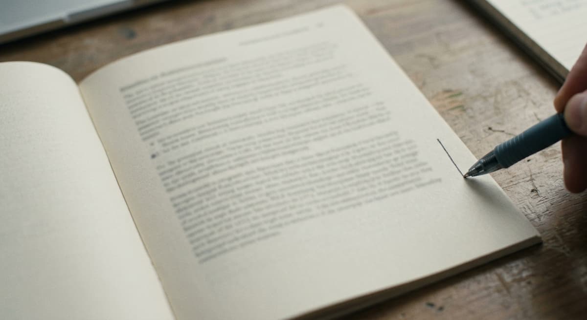 Close-up of a printed handbook open on a desk with a pen marking a line, the text softly out of focus