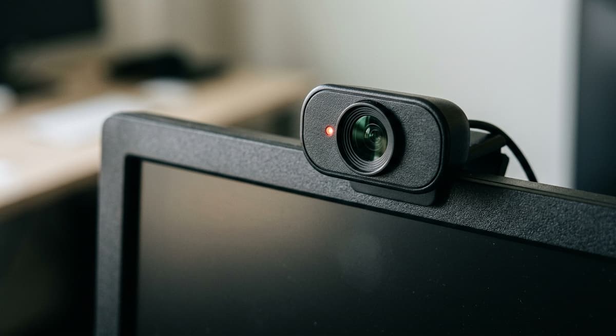 Close-up of a webcam lens with a small red recording light beside it, mounted on top of a monitor