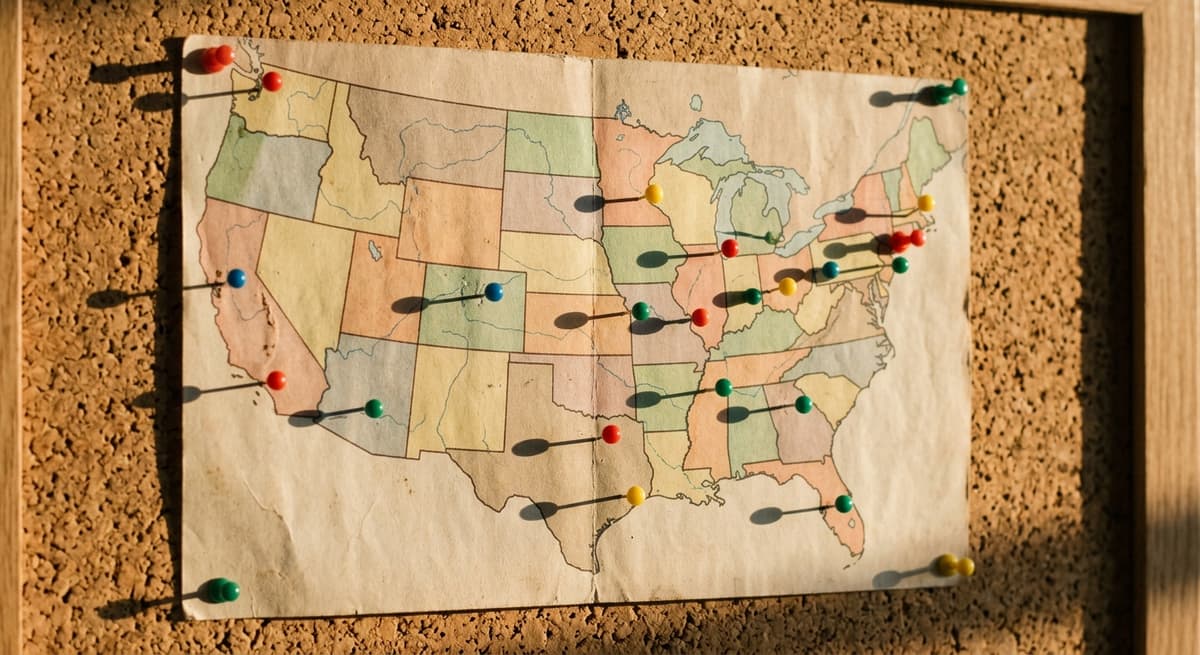 A printed map of the United States pinned to a cork board with colored pins in various states, no readable labels