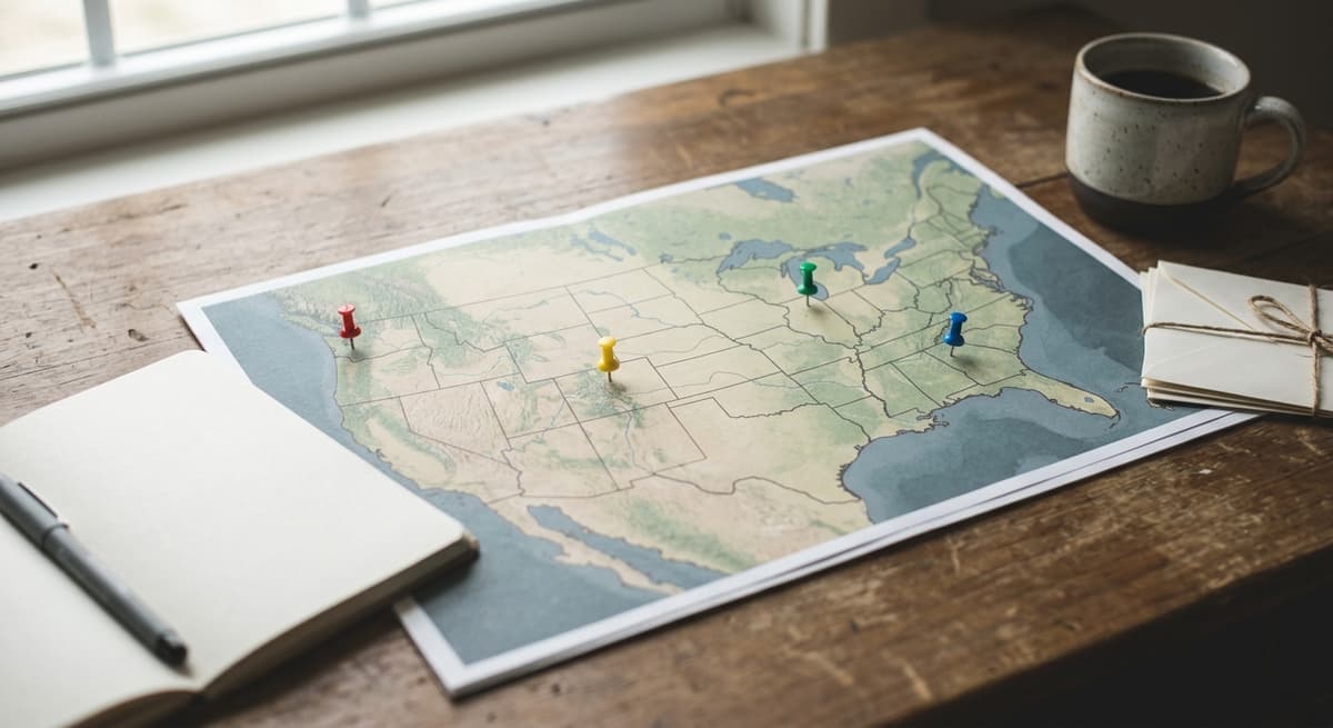 un mapa impreso de Estados Unidos sobre un escritorio con algunos pequeños alfileres de colores