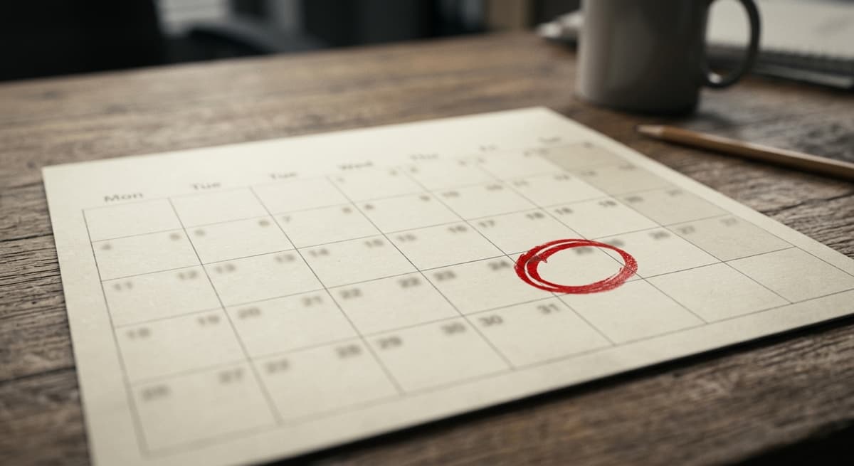 una pagina de calendario de pared con una fecha rodeada en marcador rojo apoyada sobre un escritorio