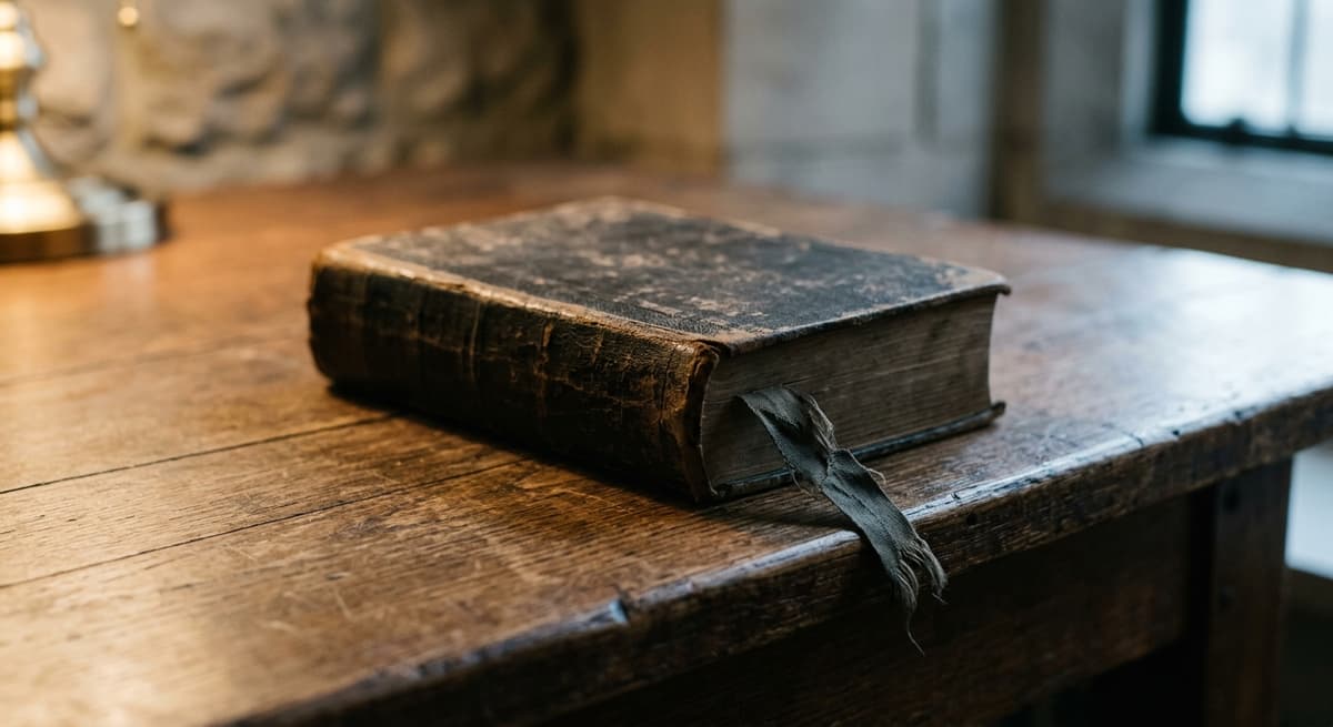 un libro de derecho cerrado con un marcador de cinta descolorido apoyado sobre un banco