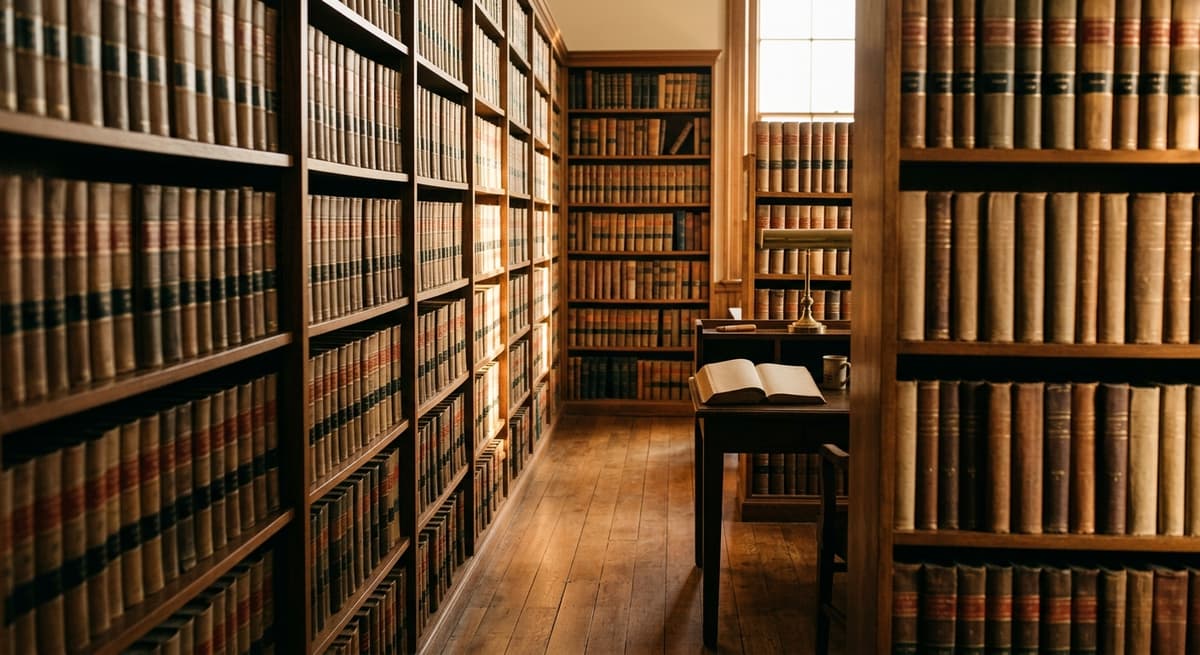 un pasillo silencioso de biblioteca juridica con estantes altos de volumenes legales encuadernados