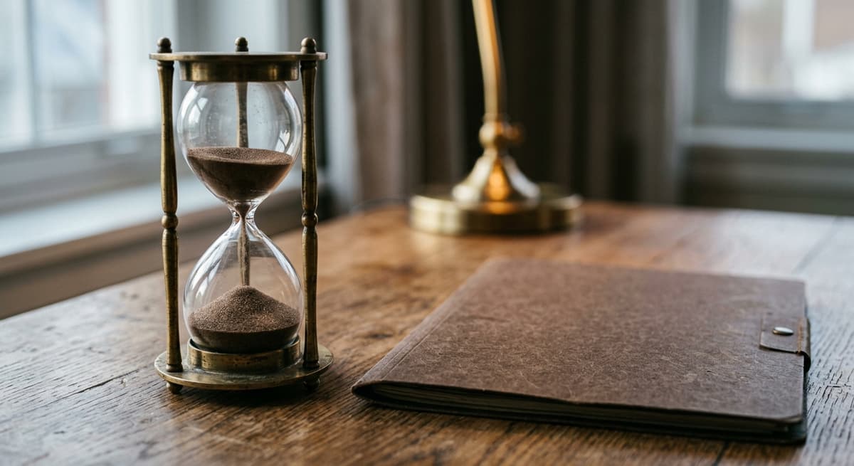un reloj de arena sobre un escritorio junto a una carpeta cerrada bajo una luz suave de ventana