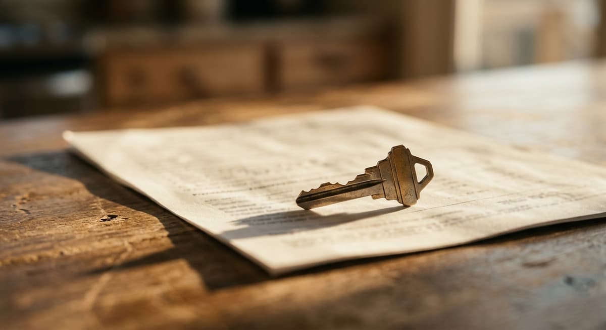 una llave de casa apoyada sobre un documento de propiedad impreso sobre un mostrador
