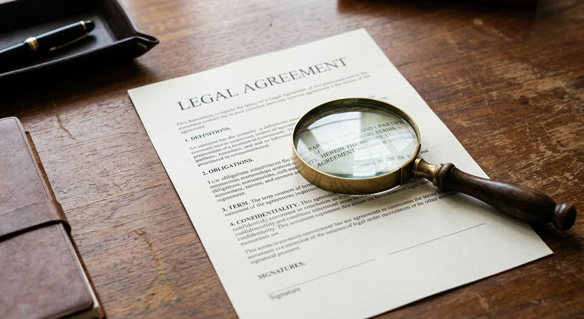 una lupa apoyada sobre un formulario legal impreso en un escritorio