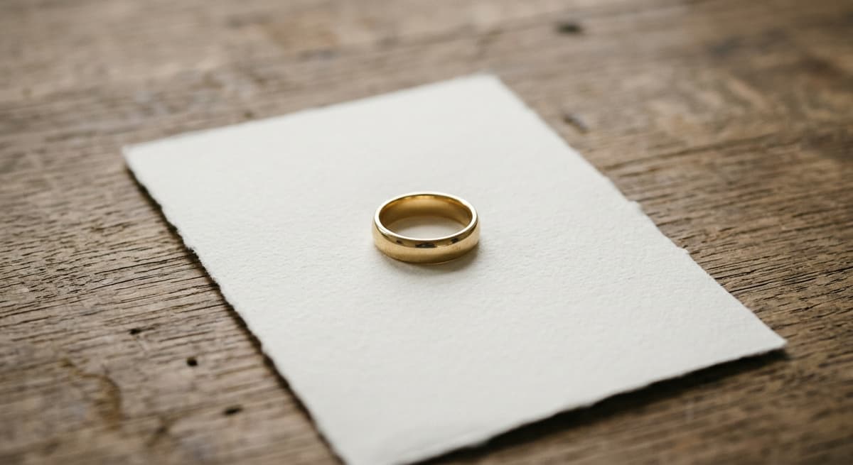 una alianza de boda sencilla apoyada sobre un pequeño documento en una mesa