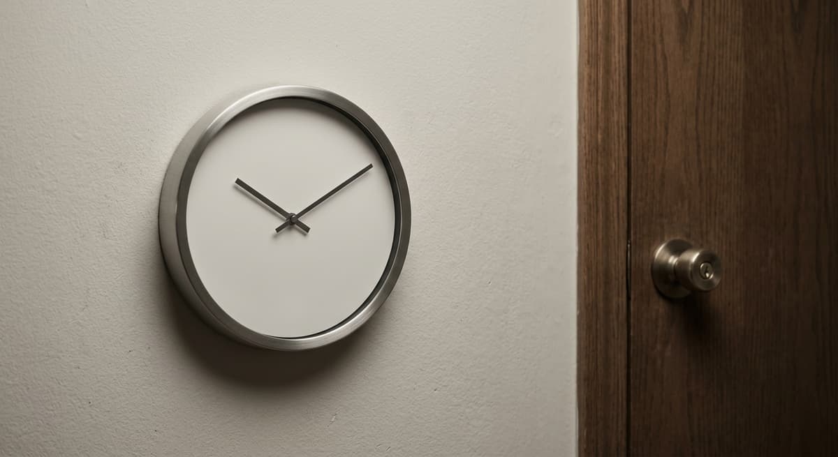 un reloj de pared sencillo en una pared lisa junto a una puerta cerrada