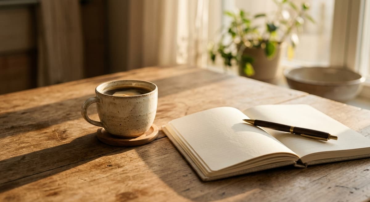 una taza de cafe junto a un cuaderno abierto y un boligrafo sobre una mesa de cocina con luz matutina