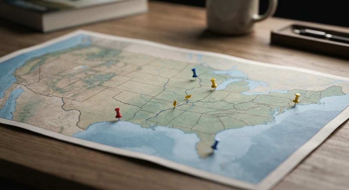un mapa impreso de los Estados Unidos sobre un escritorio con algunos alfileres pequenos de colores