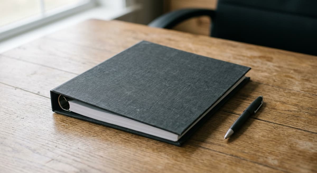 una carpeta de manual del empleado cerrada sobre un escritorio junto a una pluma