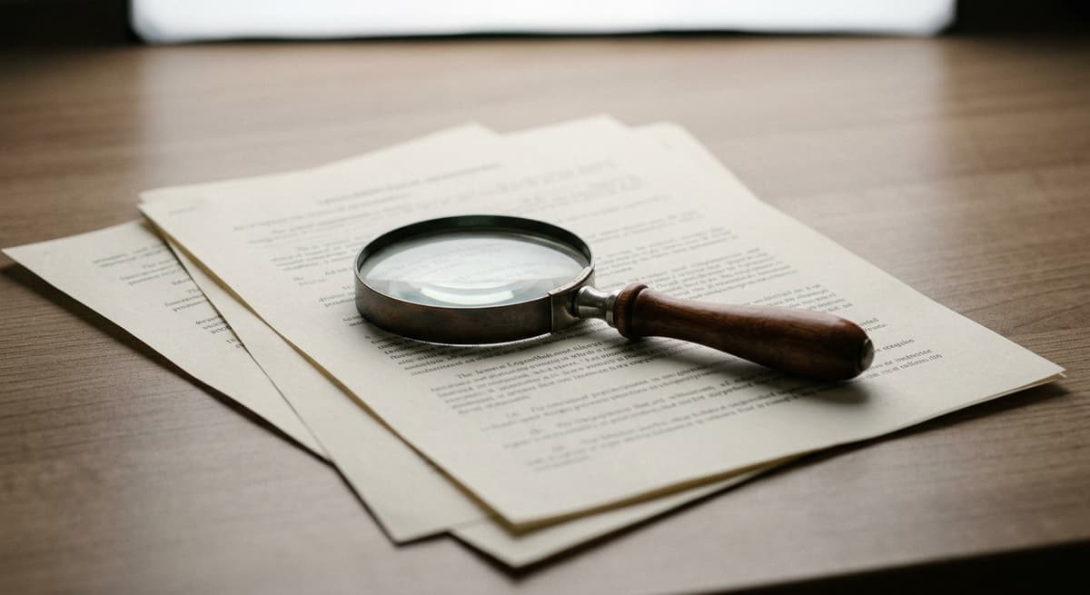 una lupa apoyada sobre un documento legal impreso en un escritorio