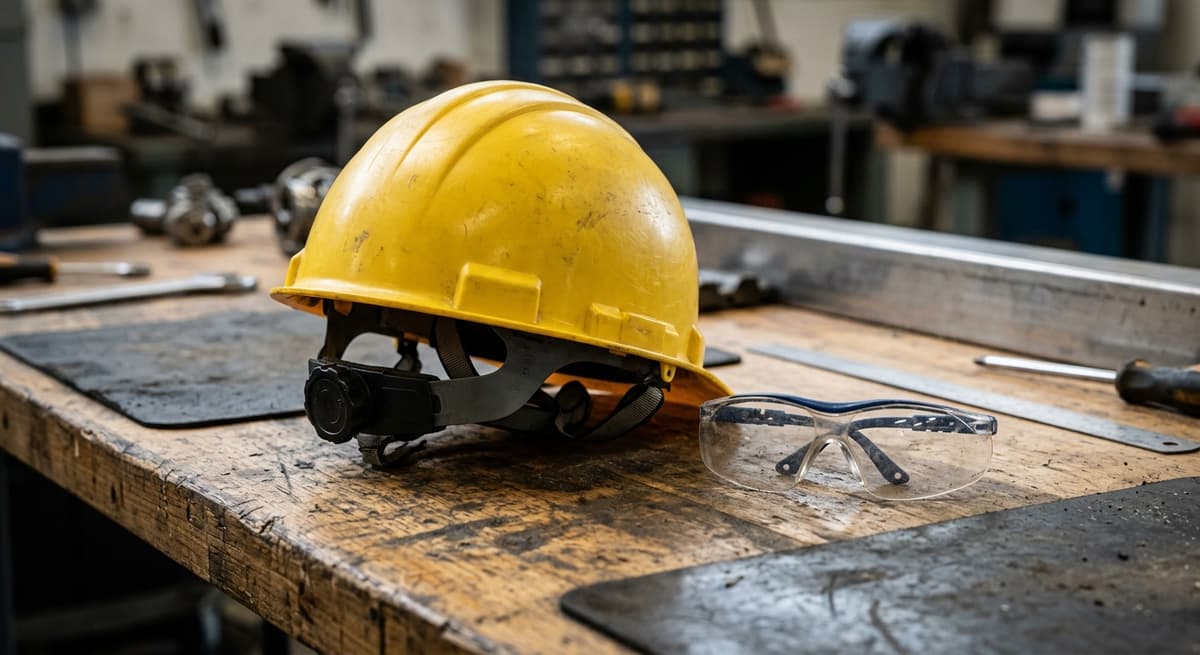 un casco de seguridad y gafas de proteccion sobre una mesa de trabajo