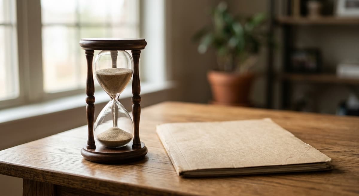 un reloj de arena sobre un escritorio junto a una carpeta cerrada bajo la suave luz de una ventana