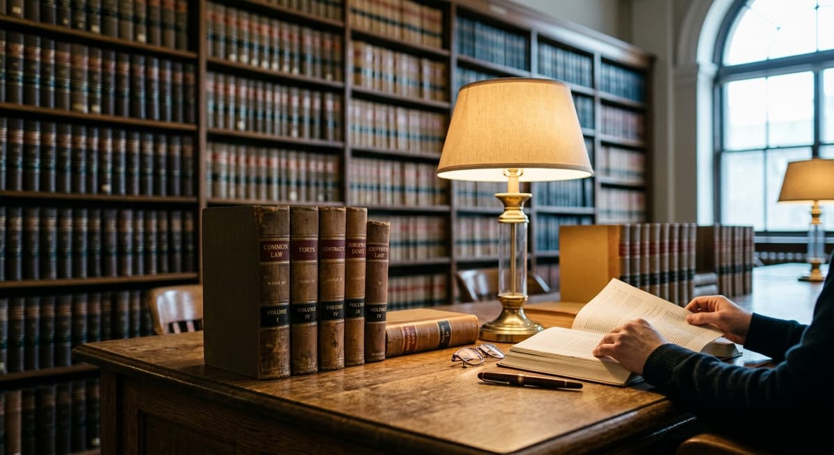 bill of sale: sala de lectura de una biblioteca con hileras de libros de derecho y un escritorio de madera