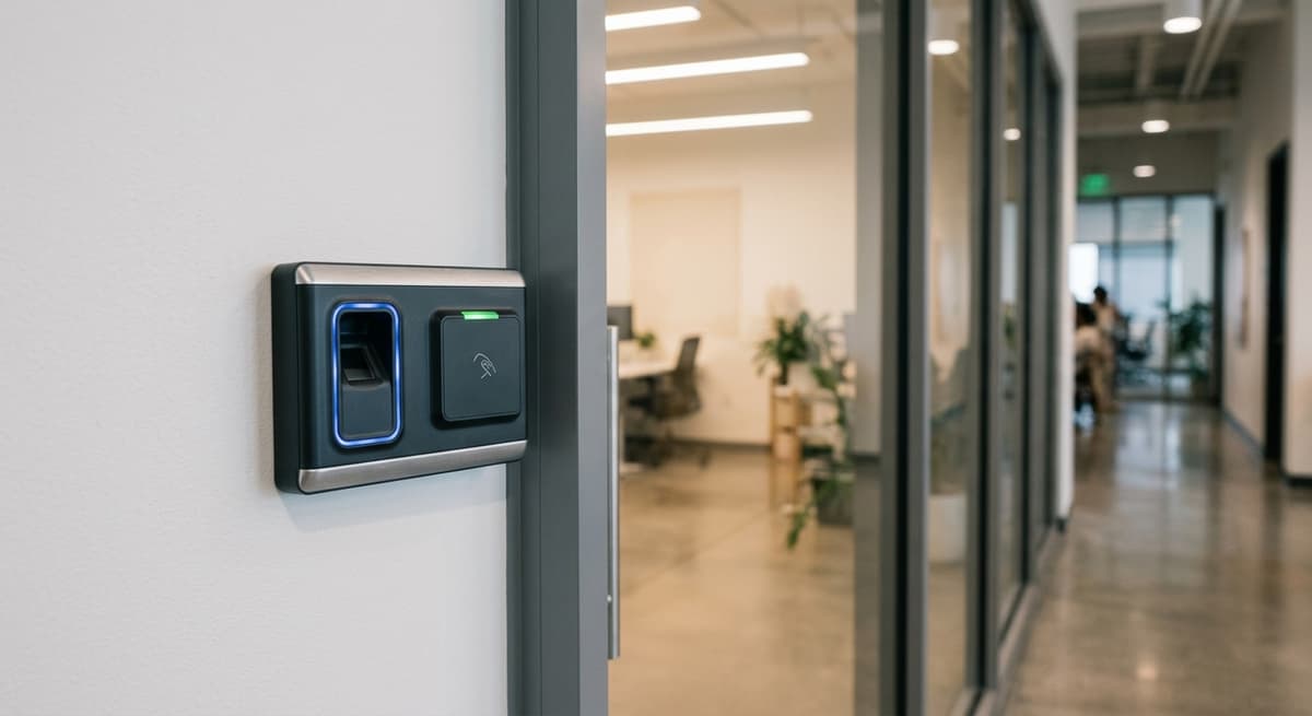 Badge reader on wall representing biometric access control systems subject to Delaware DPDPA consent requirements