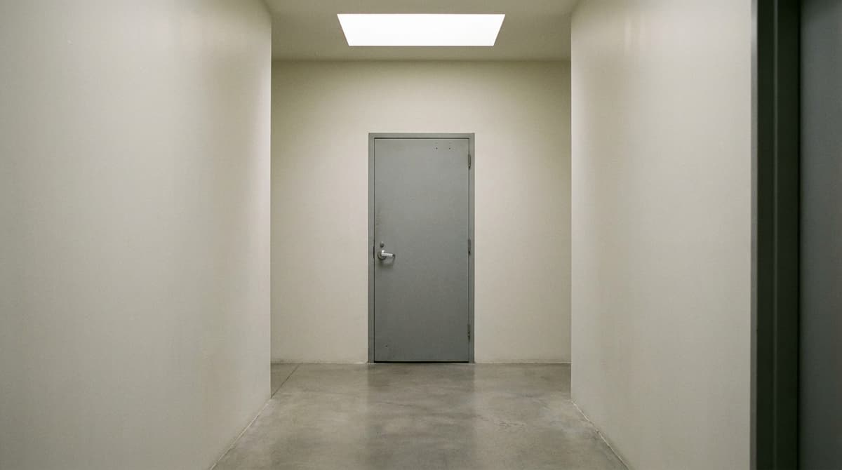 Empty institutional corridor with pale walls and a grey steel door at the end under a skylight