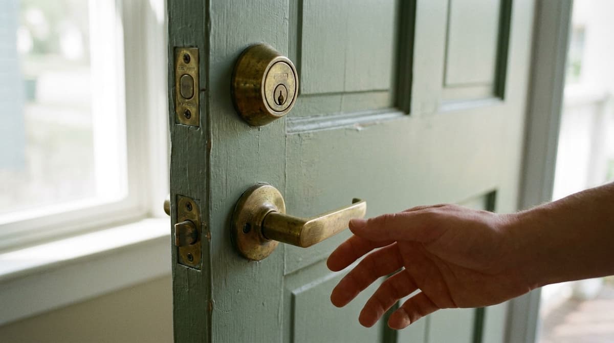 A hand reaching for the brass handle beneath a deadbolt on a worn green wooden door