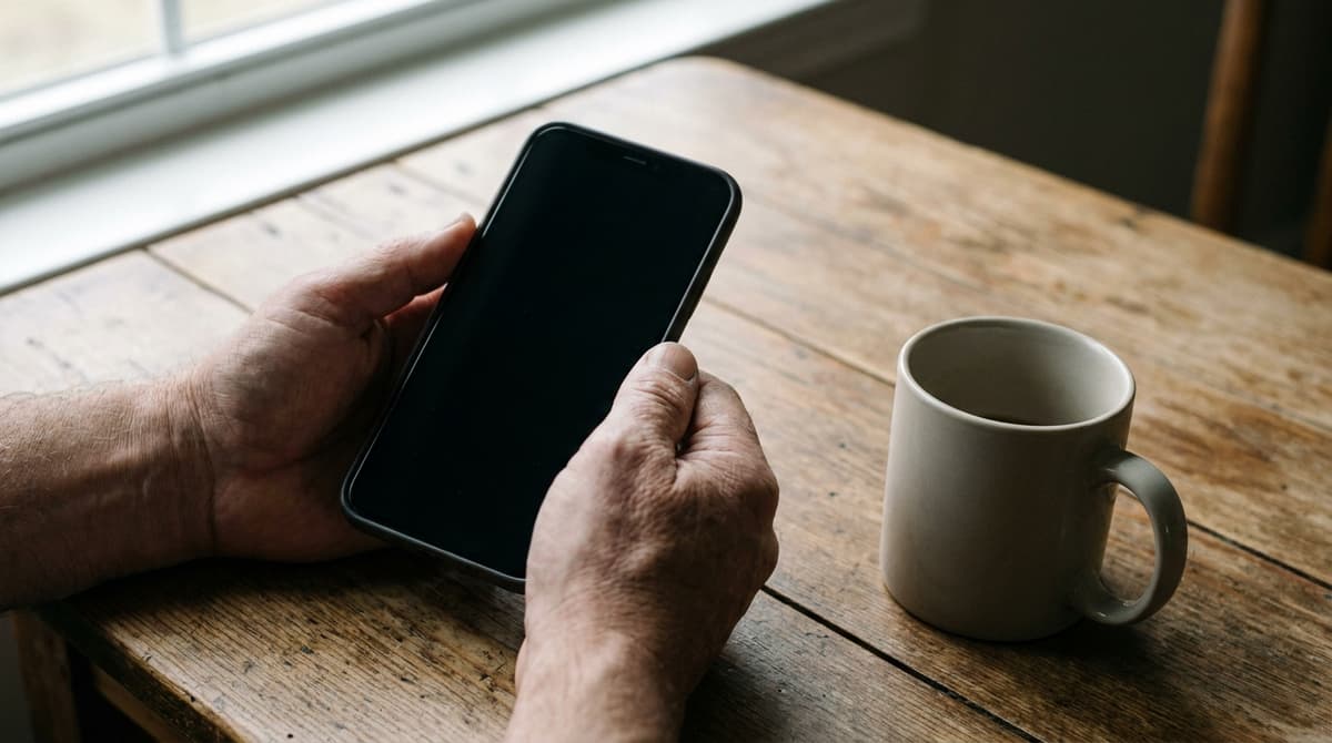 Two hands holding a smartphone with a dark blank screen above a wooden table beside a mug
