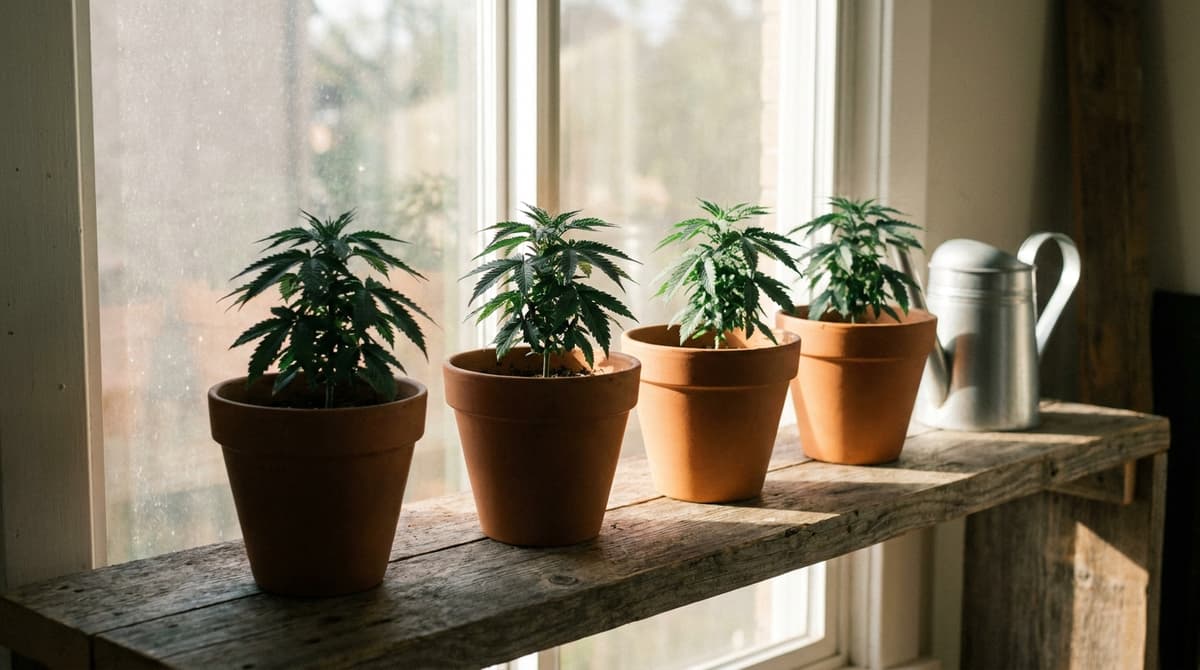 Four small cannabis plants in terracotta pots on a sunny windowsill shelf beside a watering can