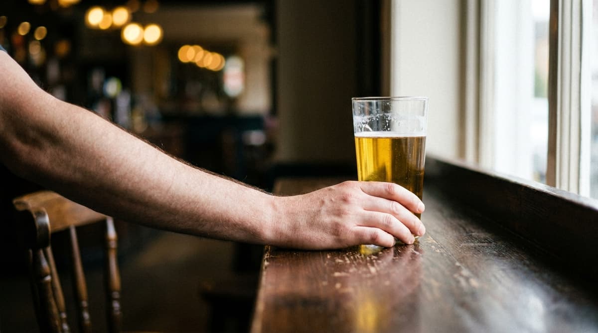 A hand resting on the bar beside a half-full glass of lager near a sunlit window