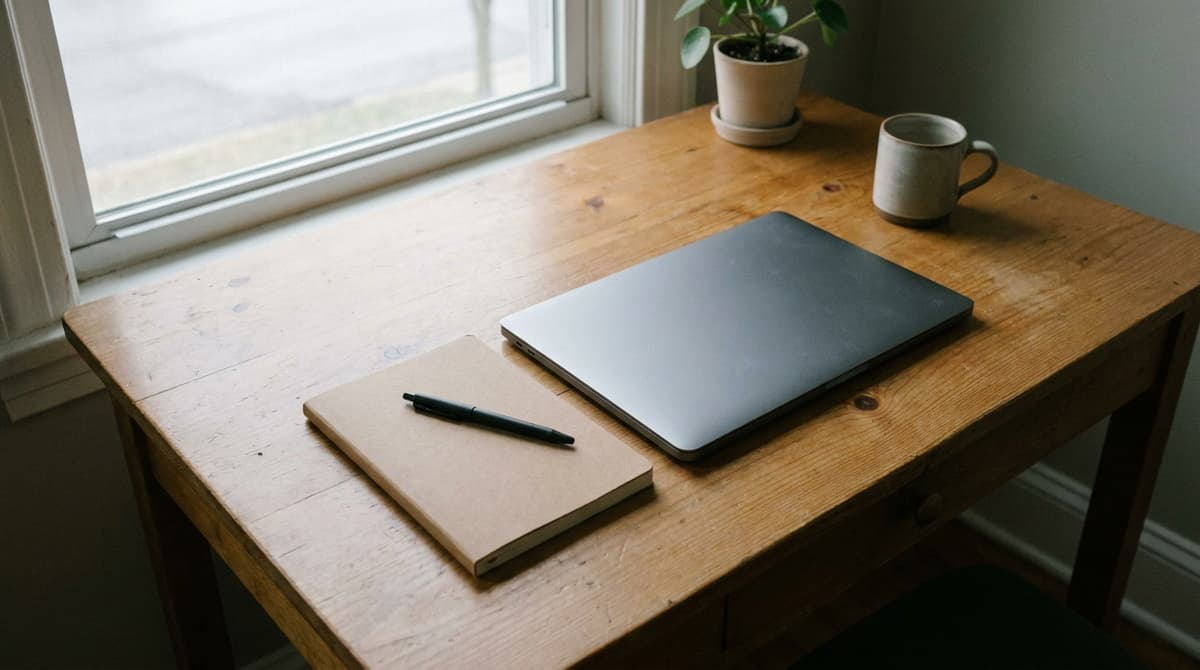 Closed laptop with a plain grey lid and a closed notebook with a pen on a wooden desk by a window