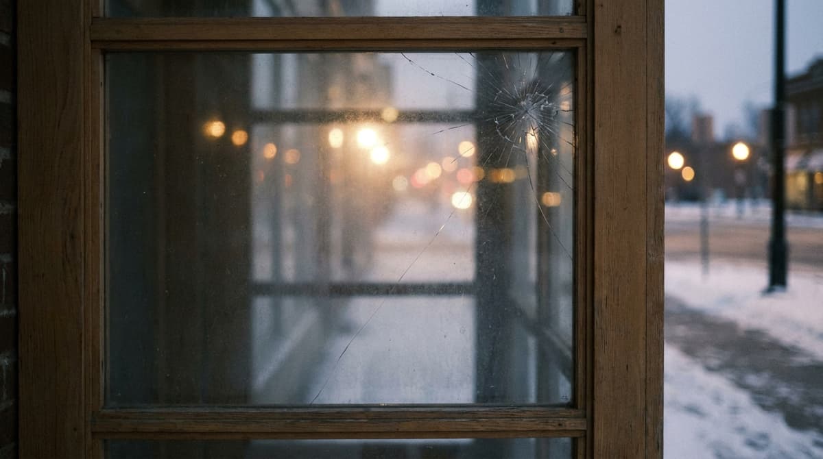 A glass window pane with a spiderweb crack, evening street lights and a snowy sidewalk beyond