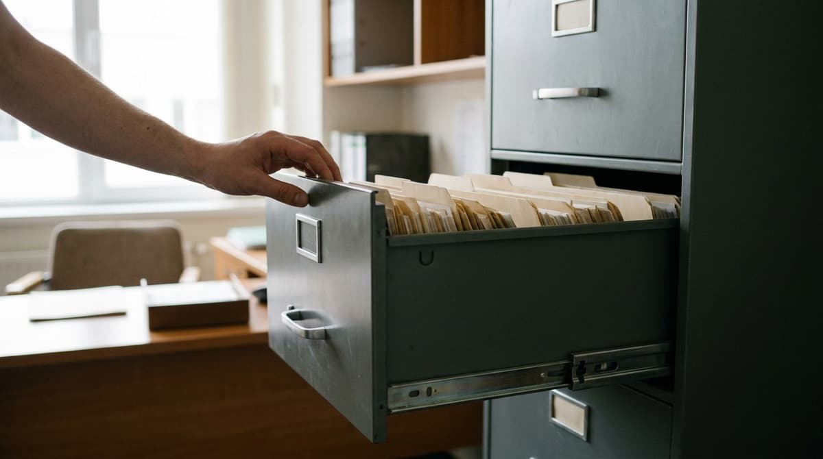 A hand opening a grey metal filing cabinet drawer filled with plain closed folders