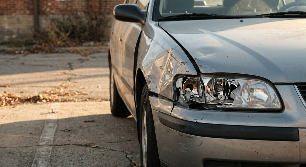 un guardabarros de auto dañado con un faro roto a la luz del día, sin personas