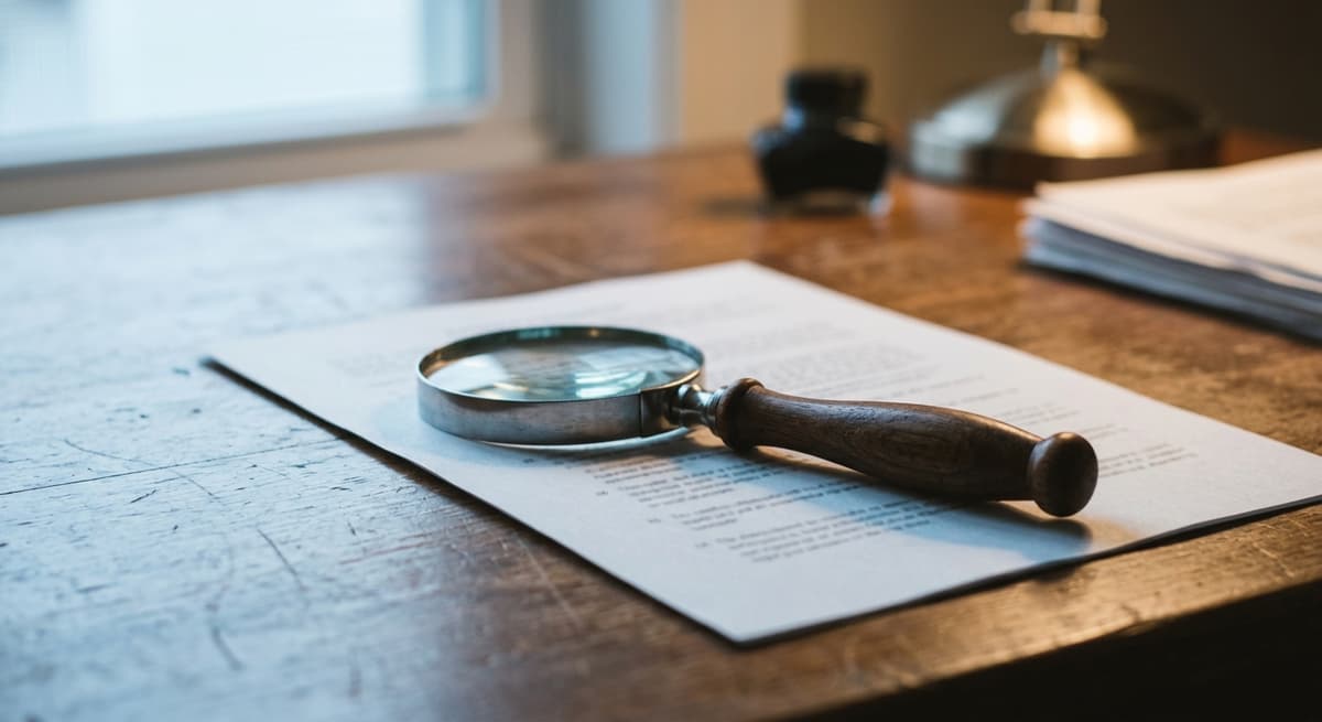 una lupa apoyada sobre un documento legal impreso en un escritorio